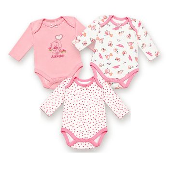 Lot de 3 bodies bébé fille 3 mois en coton, un rose brodé ourson "Adorable" et deux blancs imprimés oursons et cœurs