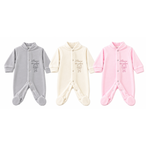 ot de 3 pyjamas bébé fille 1 mois en velours gris, écru et rose avec broderies nounours