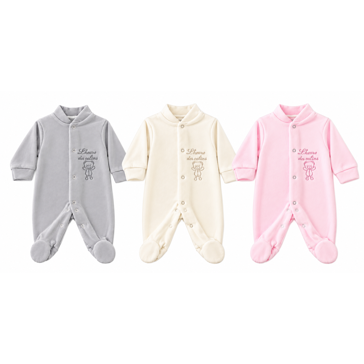 ot de 3 pyjamas bébé fille 1 mois en velours gris, écru et rose avec broderies nounours